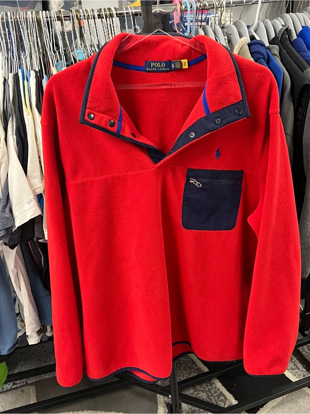 Polo Ralph Lauren Red Fleece Mock Neck 1/4 Snap Pullover Sweater, Size XL